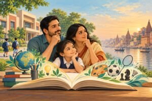 Illustration of parents and a child exploring education, with books, sports and the Varanasi riverfront