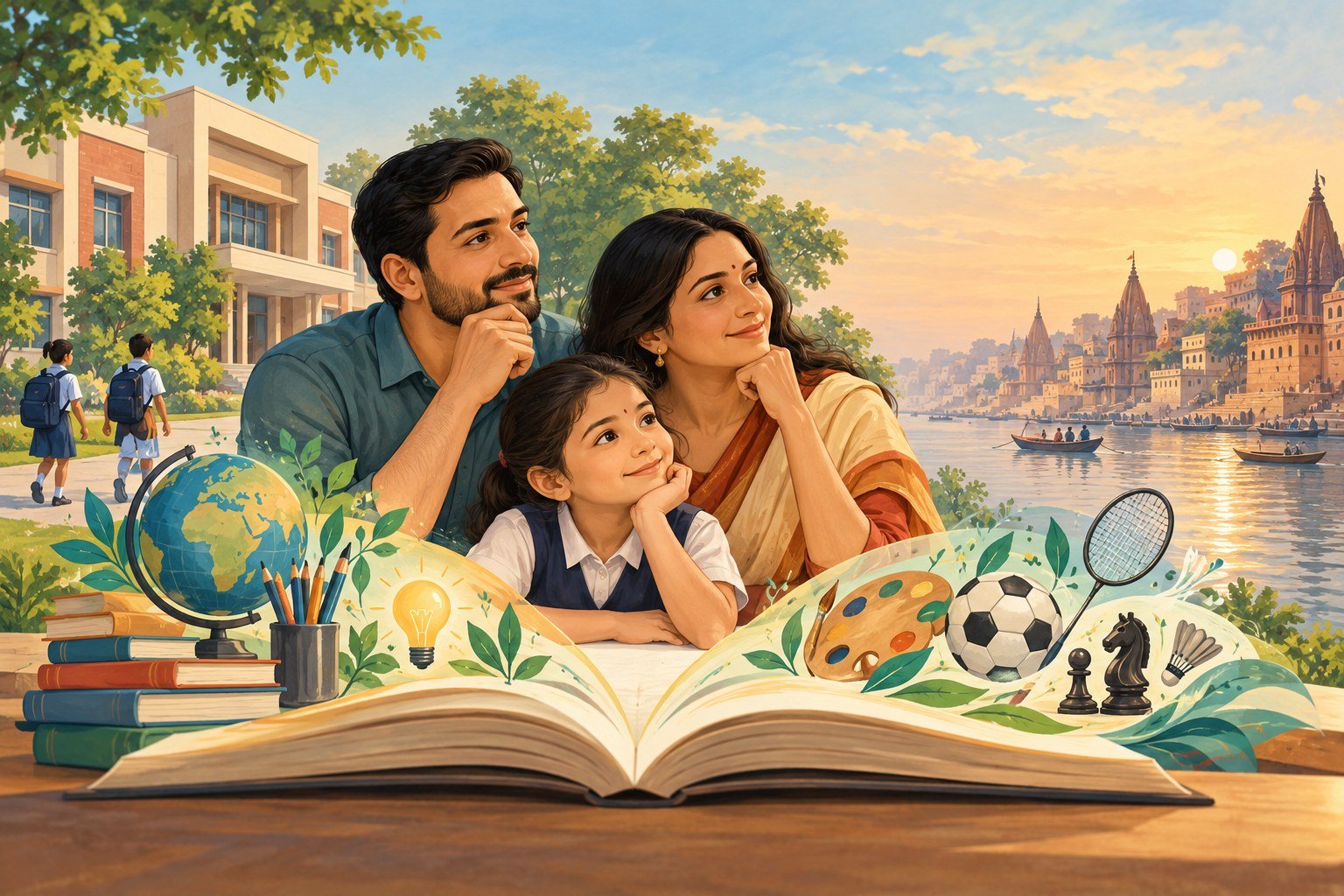 Illustration of parents and a child exploring education, with books, sports and the Varanasi riverfront
